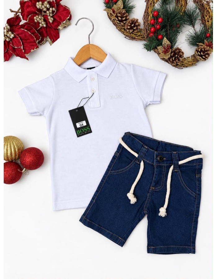 Conjunto camisa polo piquet short jeans BOSS