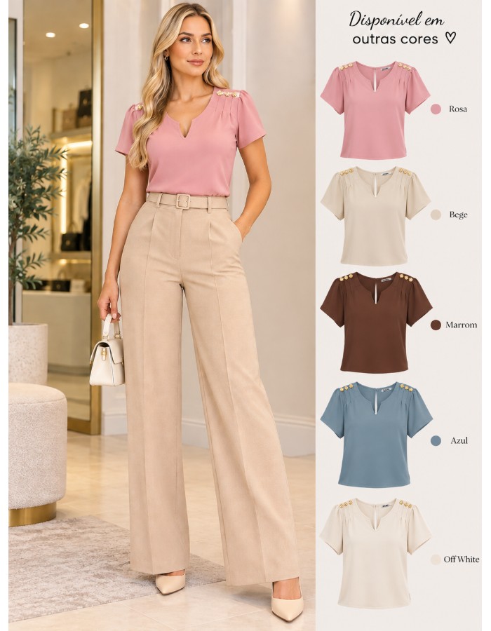 BLUSA DE CETIM C/ DETALHE DE BOTÃO NO OMBRO