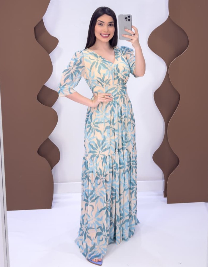 VESTIDO TULE LONGO MANGA CURTA