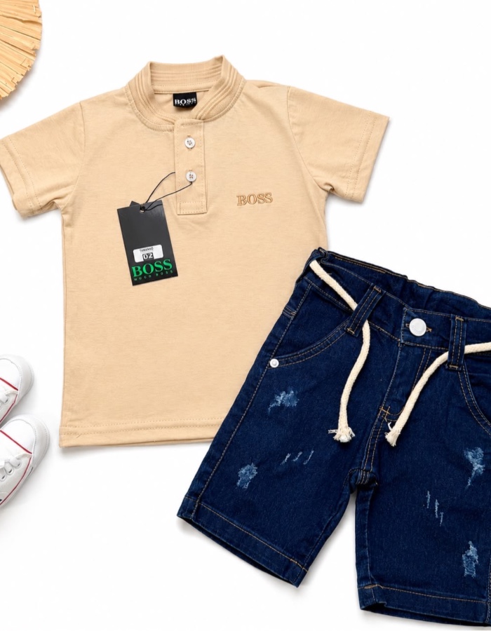 Conjunto gola padre e short jeans tradicional com regulagem  BOSS