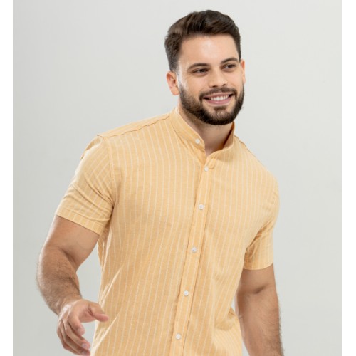 Camisa algodão listra bordada gola padre