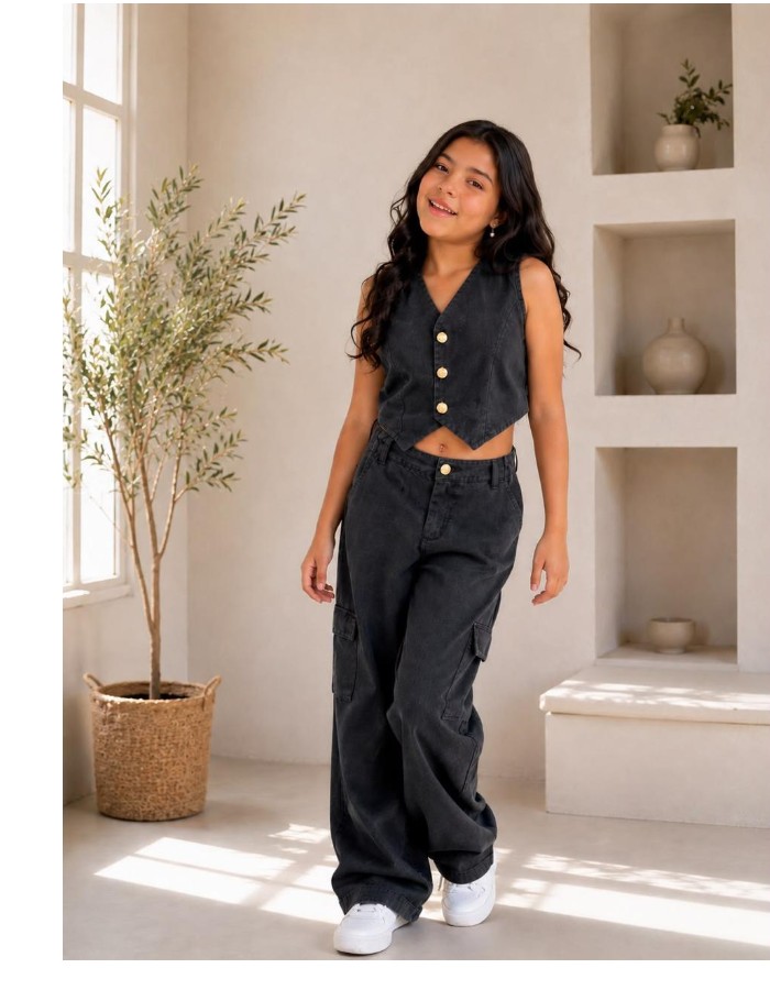 CONJUNTO CALÇA JEANS 100%ALG PRETO MARMORIZADO 
